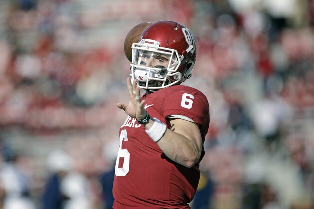 NORMAN, OK - NOVEMBER 25: Quarterback Baker Mayfield #6 of the Oklahoma Sooners warms up before the game against the West Virginia Mountaineers at Gaylord Family Oklahoma Memorial Stadium on November 25, 2017 in Norman, Oklahoma. Oklahoma defeated West Virginia 59-31. (Photo by Brett Deering/Getty Images)