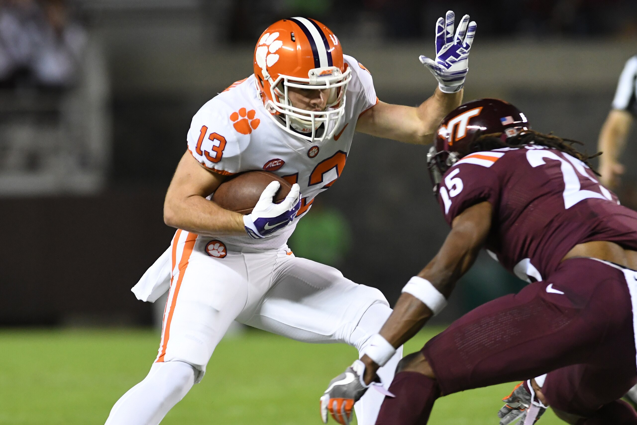 BLACKSBURG, VA - SEPTEMBER 30:  Hunter Renfrow #13 of the Clemson Tigers carries the ball during the first quarter against the Virginia Tech Hokies at Lane Stadium on September 30, 2017 in Blacksburg, Virginia.  (Photo by Michael Shroyer/Getty Images)
