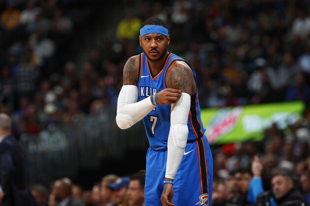 Oklahoma City Thunder forward Carmelo Anthony (7) in the second half of an NBA basketball game Thursday, Nov. 9, 2017, in Denver. The Nuggets won 102-94. (AP Photo/David Zalubowski)
