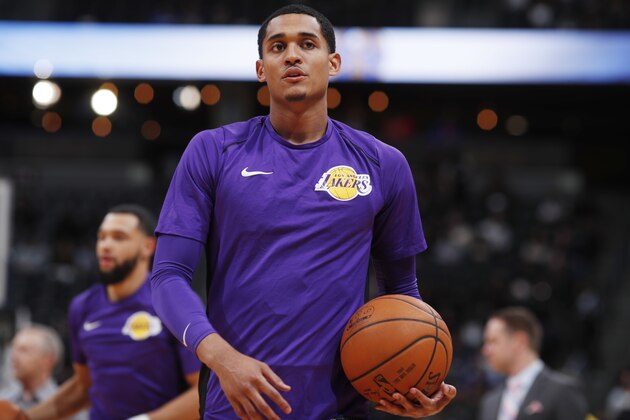 Los Angeles Lakers guard Jordan Clarkson (6) in the first half of an NBA basketball game Saturday, Dec. 2, 2017, in Denver. (AP Photo/David Zalubowski)