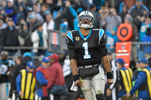 CHARLOTTE, NC - DECEMBER 17:  Cam Newton #1 of the Carolina Panthers reacts after a game-clinching fumble by the Green Bay Packers during their game at Bank of America Stadium on December 17, 2017 in Charlotte, North Carolina. The Panthers won 31-24.  (Photo by Grant Halverson/Getty Images)