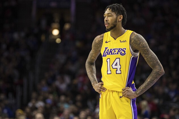 Los Angeles Lakers Brandon Ingram looks on during the second half of an NBA basketball game against the Philadelphia 76ers, Thursday, Dec. 7, 2017, in Philadelphia. The Lakers won 107-104. (AP Photo/Chris Szagola)