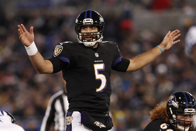BALTIMORE, MD - DECEMBER 23: Quarterback Joe Flacco #5 of the Baltimore Ravens calls a play at the line of scrimmage in the first quarter against the Indianapolis Colts at M&T Bank Stadium on December 23, 2017 in Baltimore, Maryland. (Photo by Todd Olszewski/Getty Images)