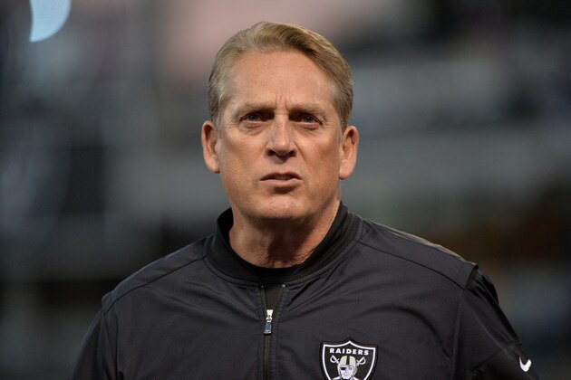 OAKLAND, CA - DECEMBER 17:  Head coach Jack Del Rio of the Oakland Raiders looks on prior to their game against the Dallas Cowboys at Oakland-Alameda County Coliseum on December 17, 2017 in Oakland, California.  (Photo by Don Feria/Getty Images)