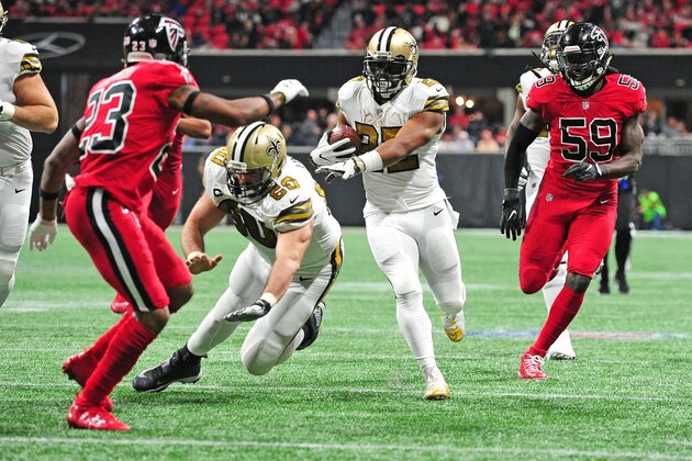 ATLANTA, GA - DECEMBER 7: Mark Ingram II #22 of the New Orleans Saints carries the ball against the Atlanta Falcons at Mercedes-Benz Stadium on December 7, 2017 in Atlanta, Georgia. (Photo by Scott Cunningham/Getty Images)