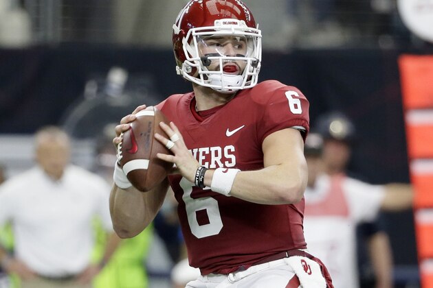 File-This Dec. 2, 2017, file photo shows Oklahoma quarterback Baker Mayfield (6) dropping back to pass in the first half of the Big 12 Conference championship NCAA college football game against TCU in Arlington, Texas.  Mayfield, offensive tackle Orlando Brown and tight end Mark Andrews of Oklahoma were selected to the Associated Press All-America team, giving the Sooners more players on the first team than any school. The All-America team, selected by a panel of 17 Top 25 voters, was released Monday, Dec. 11, 2017.  (AP Photo/Tony Gutierrez, File)