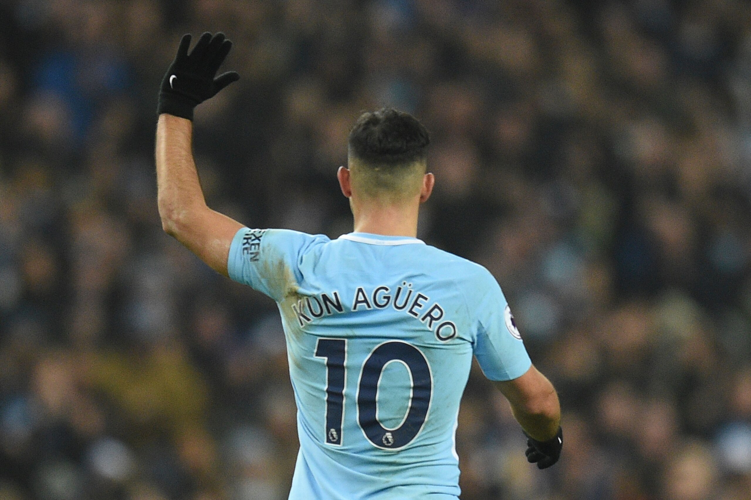 Manchester City's Argentinian striker Sergio Aguero celebrates scoring their third goal during the English Premier League football match between Manchester City and Bournemouth at the Etihad Stadium in Manchester, north west England, on December 23, 2017. / AFP PHOTO / Oli SCARFF / RESTRICTED TO EDITORIAL USE. No use with unauthorized audio, video, data, fixture lists, club/league logos or 'live' services. Online in-match use limited to 75 images, no video emulation. No use in betting, games or single club/league/player publications. / (Photo credit should read OLI SCARFF/AFP/Getty Images) Manchester City's Argentinian striker Sergio Aguero celebrates scoring their third goal during the English Premier League football match between Manchester City and Bournemouth at the Etihad Stadium in Manchester, north west England, on December 23, 2017. / AFP PHOTO / Oli SCARFF / RESTRICTED TO EDITORIAL USE. No use with unauthorized audio, video, data, fixture lists, club/league logos or 'live' services. Online in-match use limited to 75 images, no video emulation. No use in betting, games or single club/league/player publications. / (Photo credit should read OLI SCARFF/AFP/Getty Images)