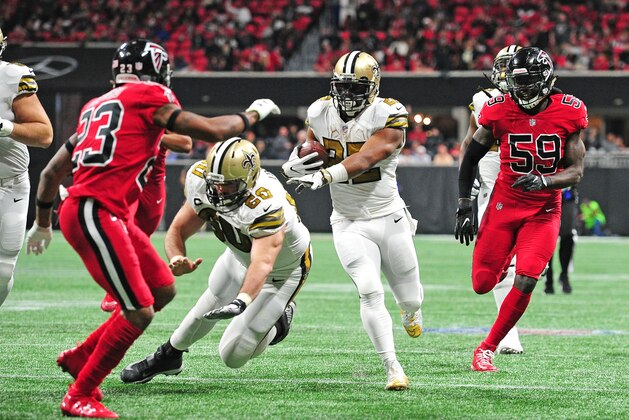 ATLANTA, GA - DECEMBER 7: Mark Ingram II #22 of the New Orleans Saints carries the ball against the Atlanta Falcons at Mercedes-Benz Stadium on December 7, 2017 in Atlanta, Georgia. (Photo by Scott Cunningham/Getty Images)