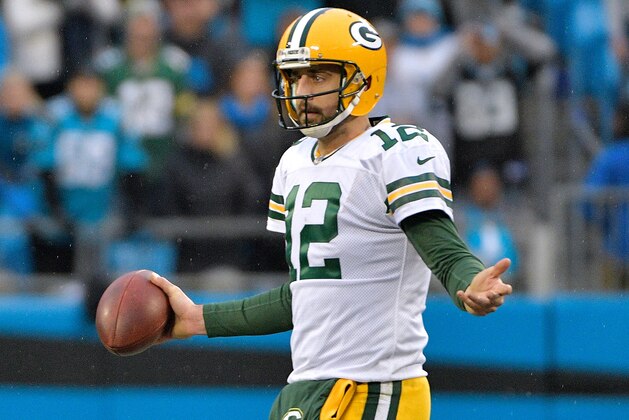 CHARLOTTE, NC - DECEMBER 17:  Aaron Rodgers #12 of the Green Bay Packers during their game against the Carolina Panthers at Bank of America Stadium on December 17, 2017 in Charlotte, North Carolina. The Panthers won 31-24.  (Photo by Grant Halverson/Getty Images)