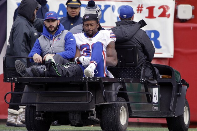 Buffalo Bills running back Travaris Cadet is transported from the field after a leg injury during the first half of an NFL football game against the New England Patriots, Sunday, Dec. 24, 2017, in Foxborough, Mass. (AP Photo/Steven Senne)