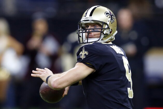 New Orleans Saints quarterback Drew Brees (9) drops back to pass in the first half of an NFL football game against the Atlanta Falcons in New Orleans, Sunday, Dec. 24, 2017. Brees surpassed 70,000 career passing yards on the play. (AP Photo/Butch Dill)