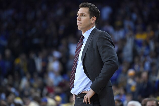 OAKLAND, CA - DECEMBER 22:  Head coach Luke Walton of the Los Angeles Lakers looks on against the Golden State Warriors during an NBA basketball game at ORACLE Arena on December 22, 2017 in Oakland, California. NOTE TO USER: User expressly acknowledges and agrees that, by downloading and or using this photograph, User is consenting to the terms and conditions of the Getty Images License Agreement.  (Photo by Thearon W. Henderson/Getty Images)