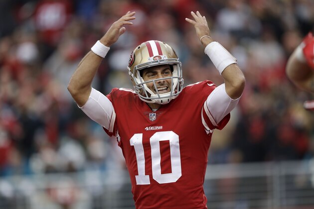 San Francisco 49ers quarterback Jimmy Garoppolo (10) celebrates during the second half of an NFL football game against the Jacksonville Jaguars in Santa Clara, Calif., Sunday, Dec. 24, 2017. (AP Photo/Marcio Jose Sanchez)