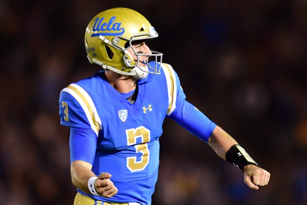 PASADENA, CA - NOVEMBER 24:  Josh Rosen #3 of the UCLA Bruins celebrates his touchdown pass for a 7-3 lead over the California Golden Bears during the first quarter at Rose Bowl on November 24, 2017 in Pasadena, California.  (Photo by Harry How/Getty Images)