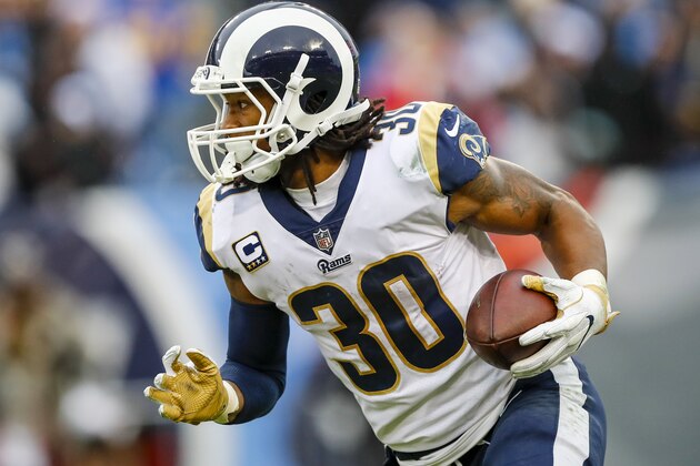 NASHVILLE, TN - DECEMBER 24: Running Back Todd Gurley II  #30 of the Los Angeles Rams  carries the ball against the Tennessee Titians at Nissan Stadium on December 24, 2017 in Nashville, Tennessee. (Photo by Wesley Hitt/Getty Images)