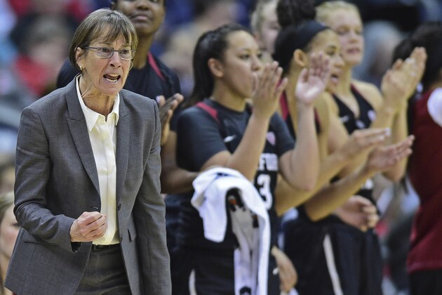 FILE - In this Nov. 12, 2017, file photo, Stanford head coach Tara VanDerveer, left, talks from the bench during the fourth quarter of an NCAA college basketball game against Connecticut, in Columbus, Ohio. The Cardinal fell out of The Associated Press women’s basketball Top 25 poll for the first time since the 2001 season Monday, Dec. 25. (AP Photo/David Dermer, File)