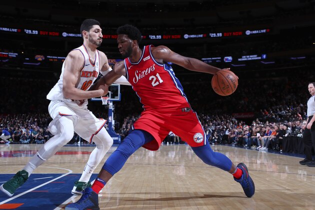 NEW YORK, NY - DECEMBER 25: Joel Embiid #21 of the Philadelphia 76ers handles the ball against the New York Knicks on December 25, 2017 at Madison Square Garden in New York City, New York. NOTE TO USER: User expressly acknowledges and agrees that, by downloading and/or using this photograph, user is consenting to the terms and conditions of the Getty Images License Agreement. Mandatory Copyright Notice: Copyright 2017 NBAE (Photo by Nathaniel S. Butler/NBAE via Getty Images)