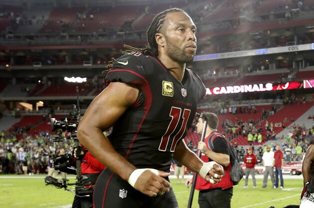Arizona Cardinals wide receiver Larry Fitzgerald (11) leaves the field after an NFL football game against the Seattle Seahawks, Thursday, Nov. 9, 2017, in Glendale, Ariz. The Seahawks won 22-16. (AP Photo/Rick Scuteri)