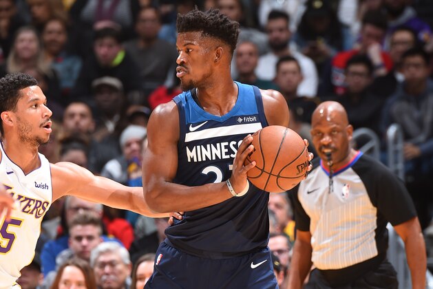LOS ANGELES, CA - DECEMBER 25  Jimmy Butler #23 of the Minnesota Timberwolves handles the ball against the Los Angeles Lakers on December 25, 2017 at STAPLES Center in Los Angeles, California. NOTE TO USER: User expressly acknowledges and agrees that, by downloading and/or using this Photograph, user is consenting to the terms and conditions of the Getty Images License Agreement. Mandatory Copyright Notice: Copyright 2017 NBAE (Photo by Andrew D. Bernstein/NBAE via Getty Images)