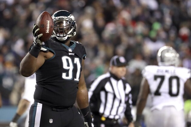 Philadelphia Eagles' Fletcher Cox reacts after a Oakland Raiders fumble during the second half of an NFL football game, Monday, Dec. 25, 2017, in Philadelphia. (AP Photo/Michael Perez)