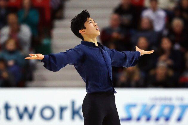LAKE PLACID, PW - NOVEMBER 25:  Nathan Chen of the United States reacts after competing in the Men's Free Skating during day two of 2017 Bridgestone Skate America at Herb Brooks Arena on November 25, 2017 in Lake Placid, New York.  (Photo by Tim Bradbury/Getty Images)