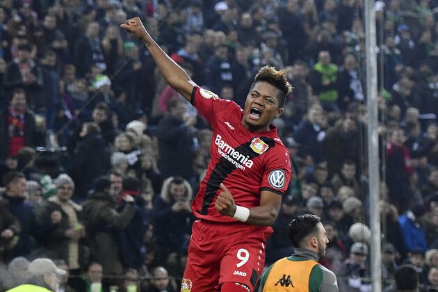 Leverkusen's Leon Bailey celebrates his opening goal during the German soccer cup match between Borussia Moenchengladbach and Bayer Leverkusen in Moenchengladbach, Germany, Wednesday, Dec. 20, 2017. (AP Photo/Martin Meissner)