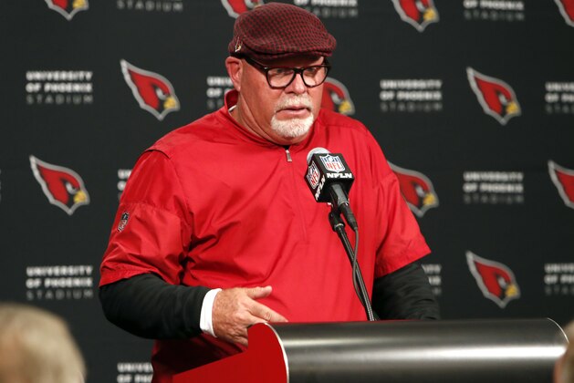 Arizona Cardinals head coach Bruce Arians speaks after an NFL football game against the New York Giants, Sunday, Dec. 24, 2017, in Glendale, Ariz. The Cardinals won 23-0. (AP Photo/Rick Scuteri)