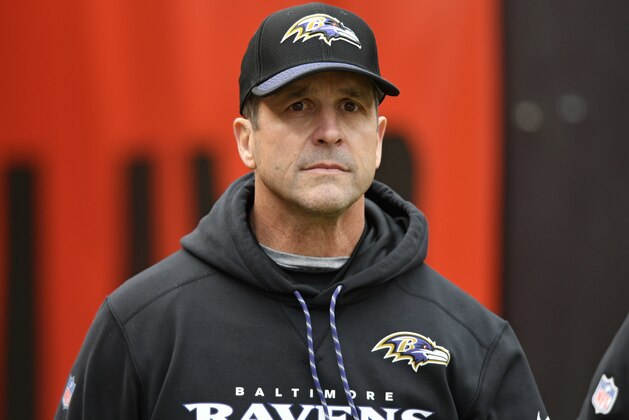 Baltimore Ravens head coach John Harbaugh looks on before an NFL football game between the Baltimore Ravens and the Cleveland Browns, Sunday, Dec. 17, 2017, in Cleveland. (AP Photo/David Richard)