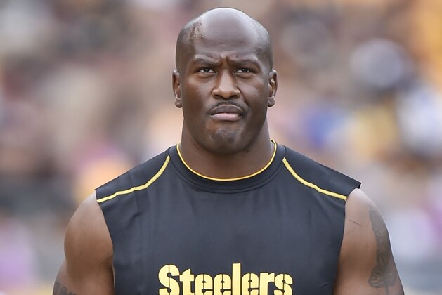 Pittsburgh Steelers outside linebacker James Harrison walks the sidelines as his team plays against the Jacksonville Jaguars in an NFL football game , Sunday, Oct. 8, 2017, in Pittsburgh. (AP Photo/Don Wright)