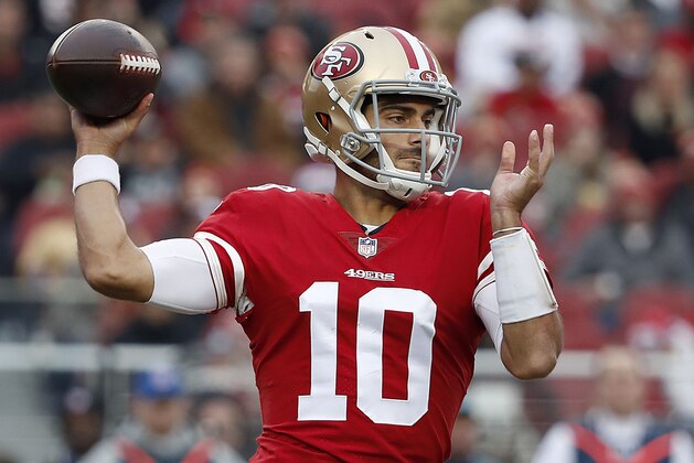 San Francisco 49ers quarterback Jimmy Garoppolo (10) passes against the Jacksonville Jaguars during the first half of an NFL football game in Santa Clara, Calif., Sunday, Dec. 24, 2017. (AP Photo/Tony Avelar)
