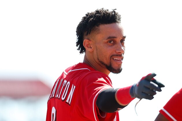 CINCINNATI, OH - SEPTEMBER 24:  Billy Hamilton #6 of the Cincinnati Reds stands on third base after hitting a triple during the game against the Boston Red Sox at Great American Ball Park on September 24, 2017 in Cincinnati, Ohio. Boston defeated Cincinnati 5-4. (Photo by Kirk Irwin/Getty Images)