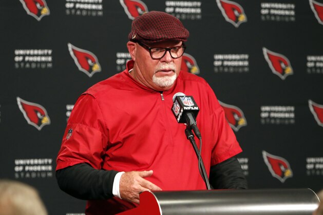 Arizona Cardinals head coach Bruce Arians speaks after an NFL football game against the New York Giants, Sunday, Dec. 24, 2017, in Glendale, Ariz. The Cardinals won 23-0. (AP Photo/Rick Scuteri)