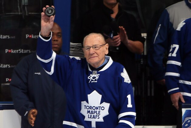 TORONTO, CANADA - JANUARY 21:  Johnny Bower walks onto the ice before NHL action at the Air Canada Centre January 21, 2013 in Toronto, Ontario, Canada.  (Photo by Abelimages/Getty Images)