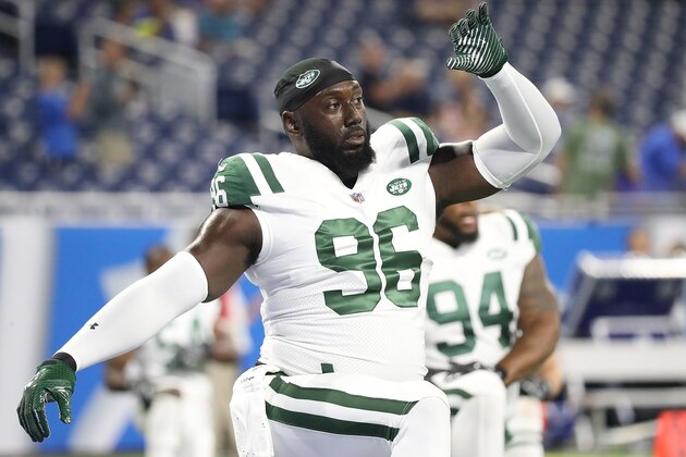 DETROIT, MI - AUGUST 19: Muhammad Wilkerson #96 of the New York Jets warms up prior to the start of the preseason game against the Detroit Lions on August 19, 2017 at Ford Field in Detroit, Michigan. The Lions defeated the Jets 16-6. (Photo by Leon Halip/Getty Images)