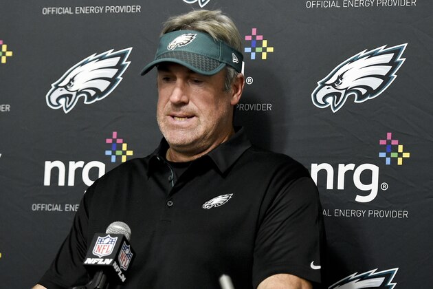 Philadelphia Eagles head coach Doug Pederson talks during news conference during the second half of an NFL football game against the Los Angeles Rams Sunday, Dec. 10, 2017, in Los Angeles. (AP Photo/Kelvin Kuo)
