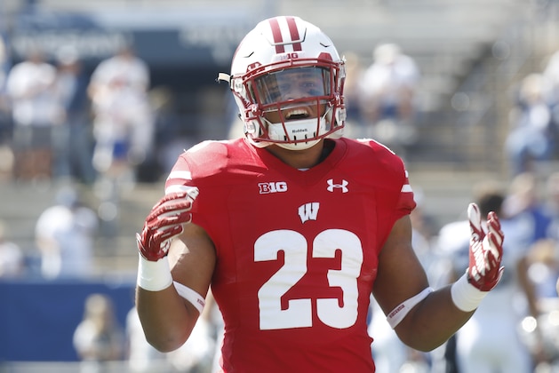 Wisconsin running back Jonathan Taylor warms up before the start of an NCAA college football game against BYU, Saturday, Sept. 16, 2017, in Provo, Utah. (AP Photo/Kim Raff)