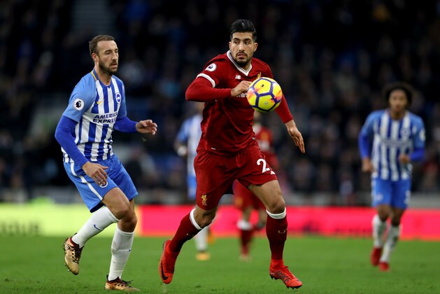 BRIGHTON, ENGLAND - DECEMBER 02:  Emre Can of Liverpool is put under pressure by Glenn Murray of Brighton and Hove Albion during the Premier League match between Brighton and Hove Albion and Liverpool at Amex Stadium on December 2, 2017 in Brighton, England.  (Photo by Dan Istitene/Getty Images)