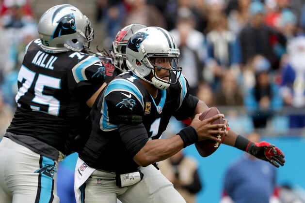 CHARLOTTE, NC - DECEMBER 24:  Cam Newton #1 of the Carolina Panthers runs with the ball against the Tampa Bay Buccaneers during their game at Bank of America Stadium on December 24, 2017 in Charlotte, North Carolina.  (Photo by Streeter Lecka/Getty Images)