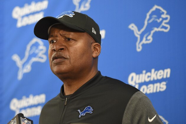 Detroit Lions head coach Jim Caldwell speaks at a news conference after an NFL football game against the Baltimore Ravens, Sunday, Dec. 3, 2017, in Baltimore. (AP Photo/Nick Wass)