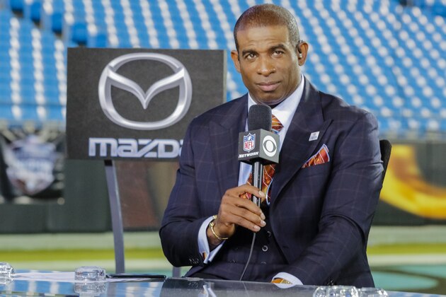 Deion Sanders on the set of Thursday Night Football following an NFL football game between the Philadelphia Eagles and Carolina Panthers in Charlotte, N.C., Thursday, Oct. 12, 2017. The Eagles won 28-23. (AP Photo/Bob Leverone)