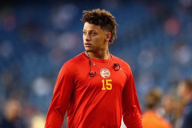 FOXBORO, MA - SEPTEMBER 07:  Patrick Mahomes II #15 of the Kansas City Chiefs looks on before the game against the New England Patriots at Gillette Stadium on September 7, 2017 in Foxboro, Massachusetts.  (Photo by Maddie Meyer/Getty Images)