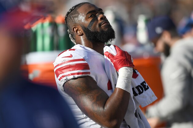 OAKLAND, CA - DECEMBER 03:  Landon Collins #21 of the New York Giants looks on from the sidelines against the Oakland Raiders during their NFL football game at Oakland-Alameda County Coliseum on December 3, 2017 in Oakland, California.  (Photo by Thearon W. Henderson/Getty Images)