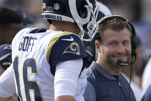 Los Angeles Rams head coach Sean McVay talks with quarterback Jared Goff during the first half of an NFL football game against the Philadelphia Eagles Sunday, Dec. 10, 2017, in Los Angeles. (AP Photo/Mark J. Terrill)