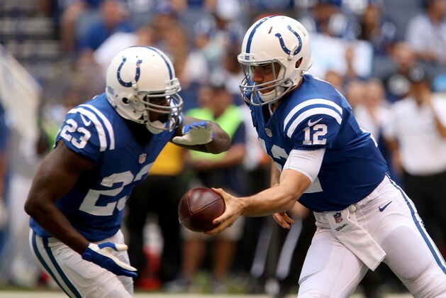 INDIANAPOLIS, IN - SEPTEMBER 11: Indianapolis Colts quarterback Andrew Luck #12 hands the ball off to Indianapolis Colts running back Frank Gore #23 during the first quarter of the game between the Indianapolis Colts and the Detroit Lions at Lucas Oil Stadium on September 11, 2016 in Indianapolis, Indiana. (Photo by Dylan Buell/Getty Images)