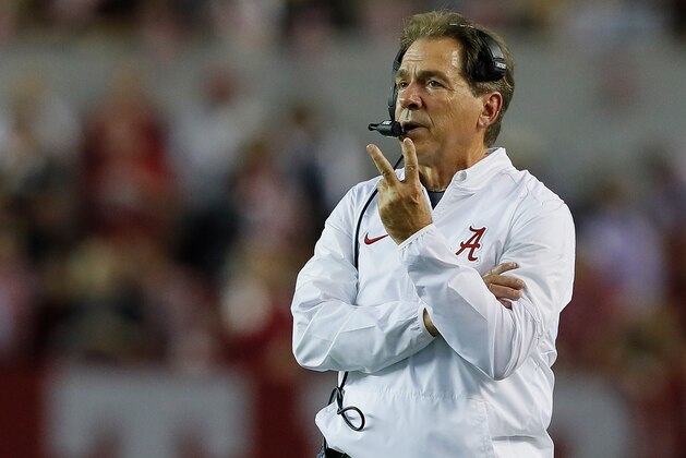 TUSCALOOSA, AL - NOVEMBER 04:  Head coach Nick Saban of the Alabama Crimson Tide looks on during the final minutes of their 24-10 win over the LSU Tigers at Bryant-Denny Stadium on November 4, 2017 in Tuscaloosa, Alabama.  (Photo by Kevin C. Cox/Getty Images)