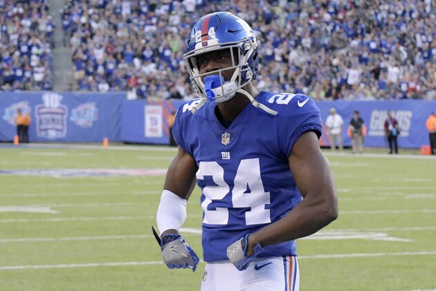 New York Giants' Eli Apple reacts after breaking up a pass during the first half of an NFL football game against the Seattle Seahawks, Sunday, Oct. 22, 2017, in East Rutherford, N.J. (AP Photo/Bill Kostroun)