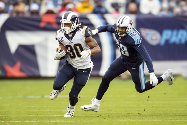 NASHVILLE, TN - DECEMBER 24:  Running back Todd Gurley II #30 of the Los Angeles Rams carries the ball during a NFL game against the Tennessee Titians at Nissan Stadium on December 24, 2017 in Nashville, Tennessee.  (Photo by Ronald C. Modra/Sports Imagery/Getty Images)