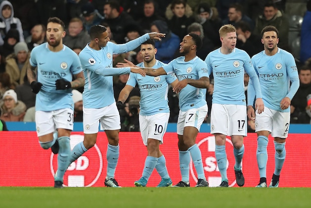 NEWCASTLE UPON TYNE, ENGLAND - DECEMBER 27: Raheem Sterling of Manchester City celebrates after scoring the opening goal during the Premier League match between Newcastle United and Manchester City at St. James Park on December 27, 2017 in Newcastle upon Tyne, England. (Photo by Ian MacNicol/Getty Images)
