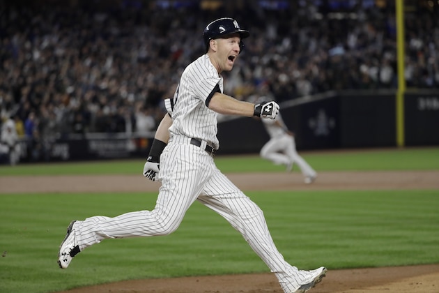 OUT OF CAMERA FILE - New York Yankees' Todd Frazier reacts after hitting a home run during the third inning of Game 3 of baseball's American League Championship Series against the Houston Astros Monday, Oct. 16, 2017, in New York. (AP Photo/David J. Phillip)