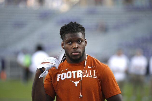 Texas linebacker Malik Jefferson warms before playing TCU in an NCAA college football game Saturday, Nov. 4, 2017, in Fort Worth, Texas. (AP Photo/Ron Jenkins)